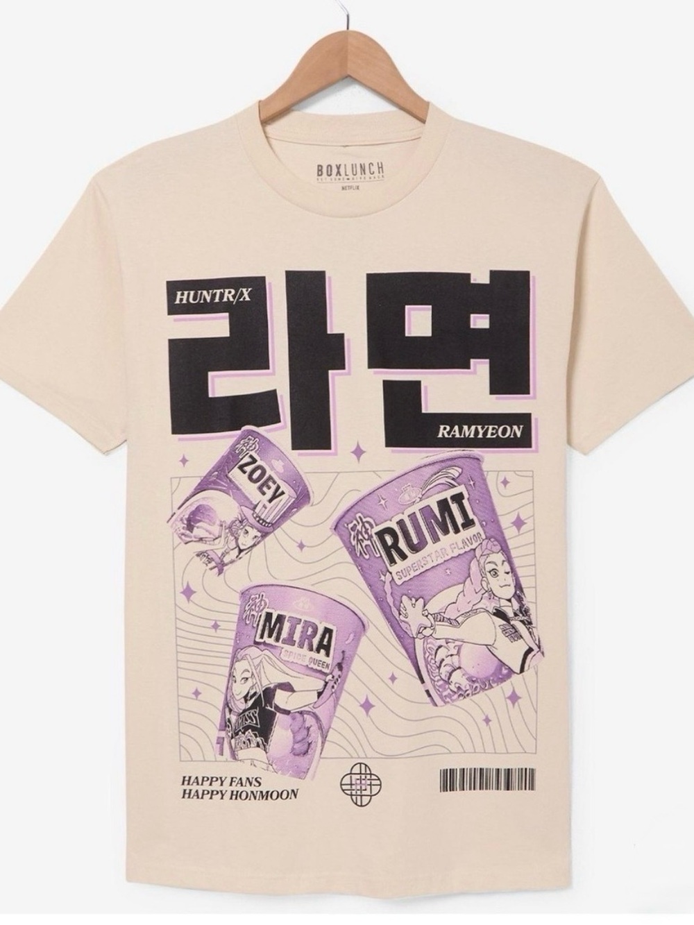 Boxlunch Kpop Demon Hunters Huntrix Ramyeon Cream Graphic Tee with Purple Print